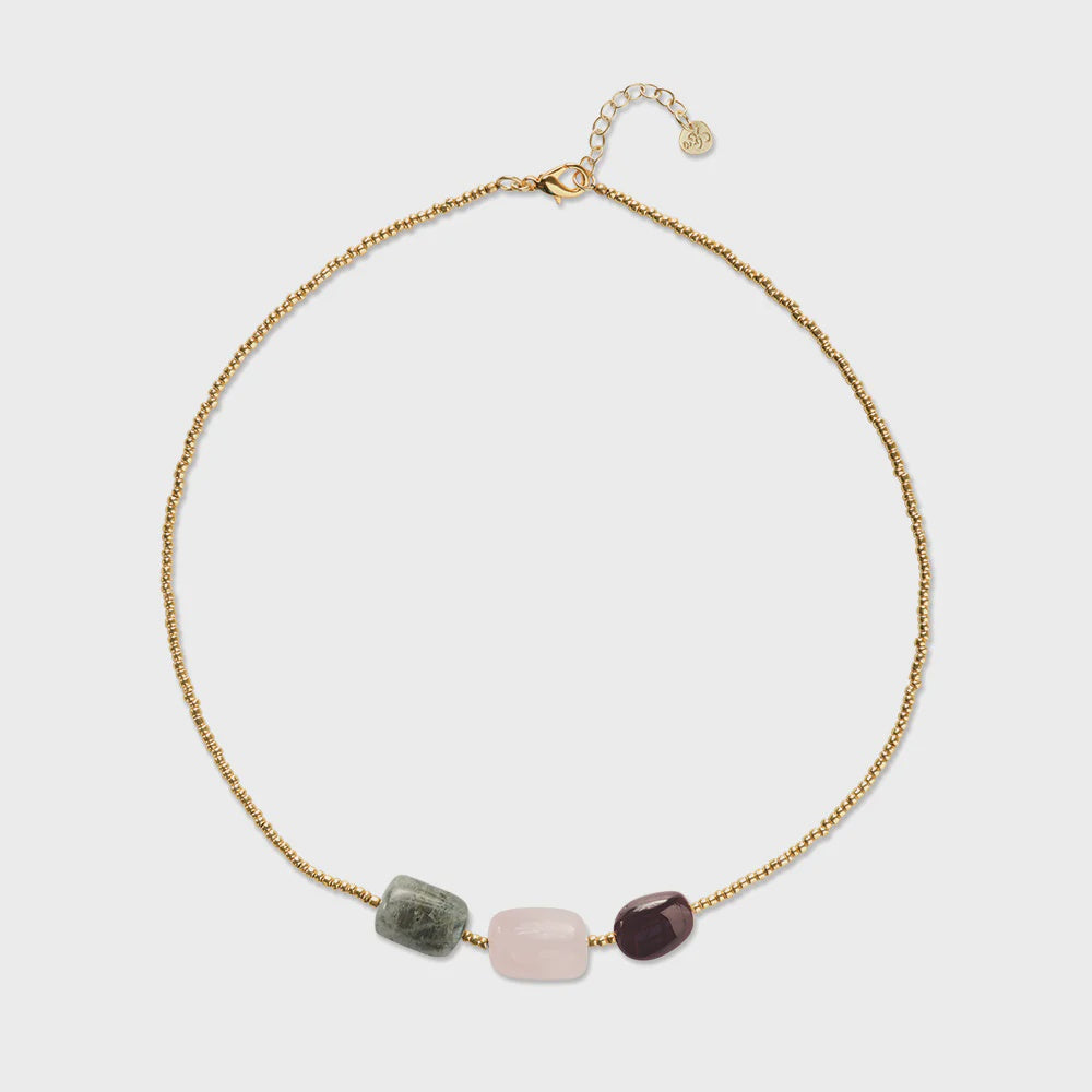Ketting Blissful Garnet/Rose Quartz/Labradorite-gold