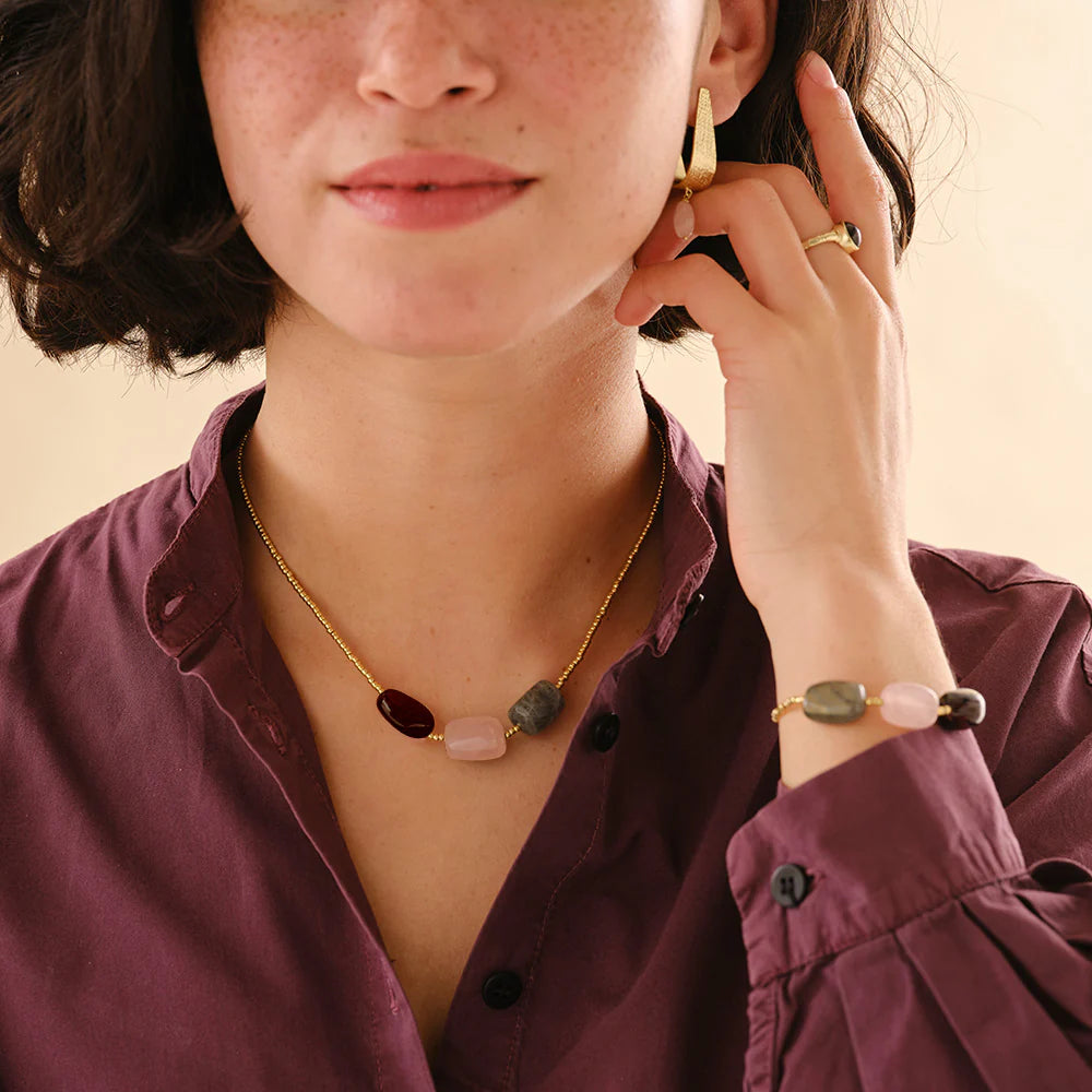 Ketting Blissful Garnet/Rose Quartz/Labradorite-gold