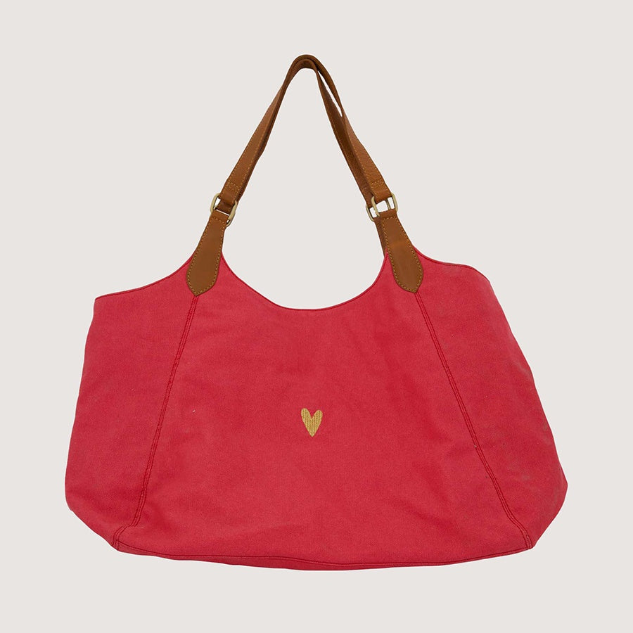 Tote Bag Love met leren details-raspberry