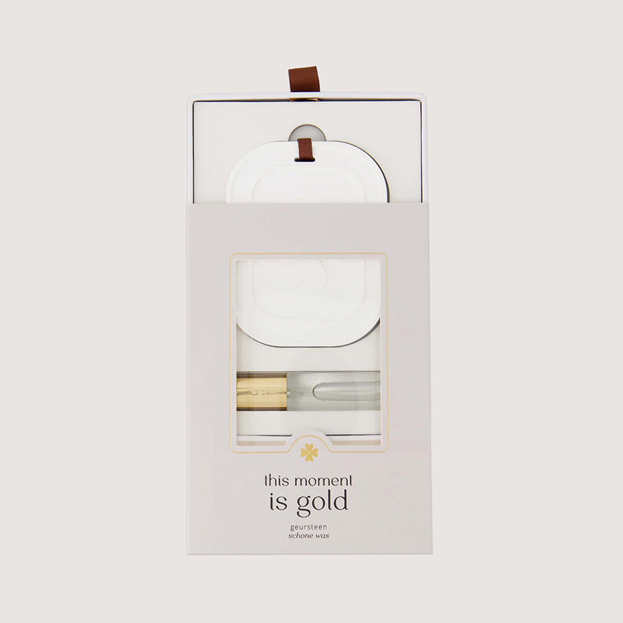 Geursteen in doosje 'This moment is gold'-white/sand