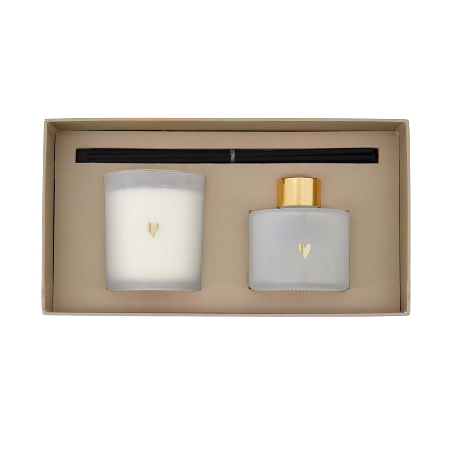 Giftset 'Jij bent goud waard' (geurstokjes en geurkaars)-wit/goud/blauw