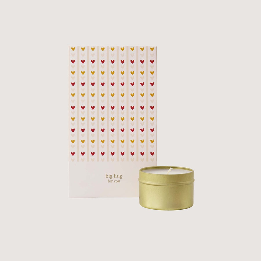 Geurkaars in blik en zakje 'Big hug for you'-rood/oker