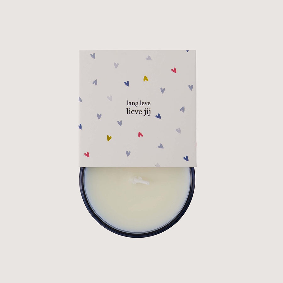 Geurkaars in wikkel 'Lang Leve lieve jij'-blauw