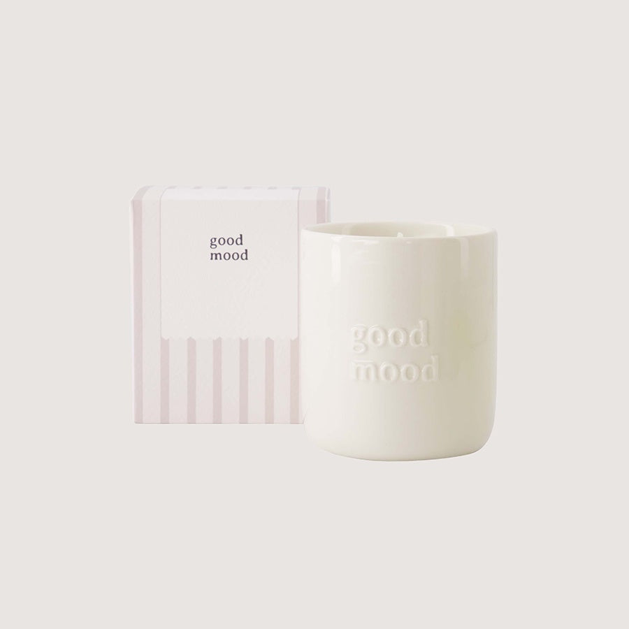 Geurkaars Keramiek in doosje 'Good mood'-wit/zand