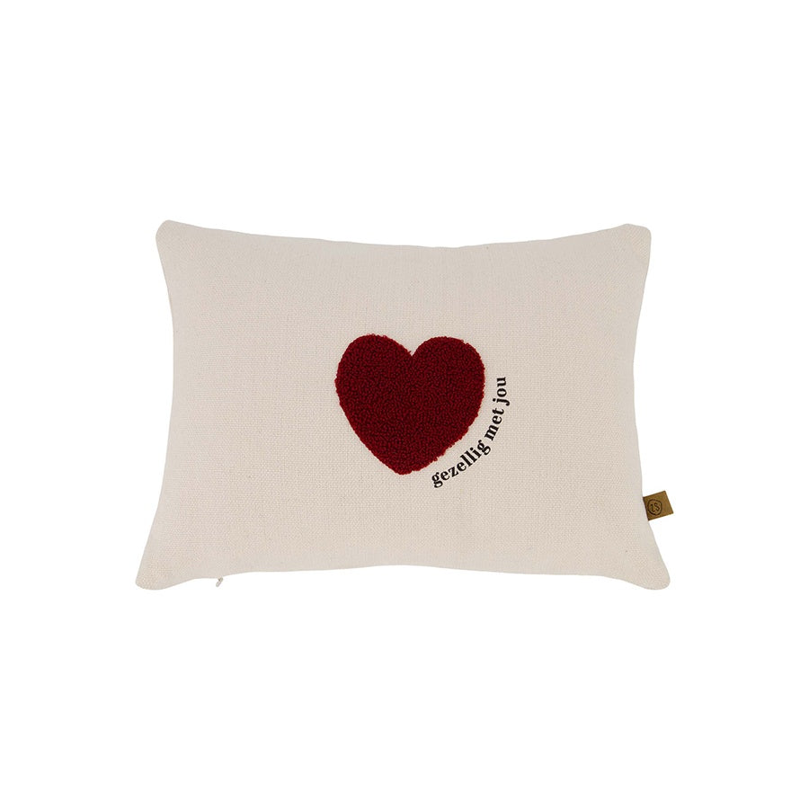 Kussen 'Gezellig met jou' Hartje 35x25cm-off white/rood