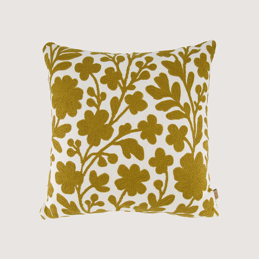 Kussen Bloemen Embroidery 45x45cm-white/ochre