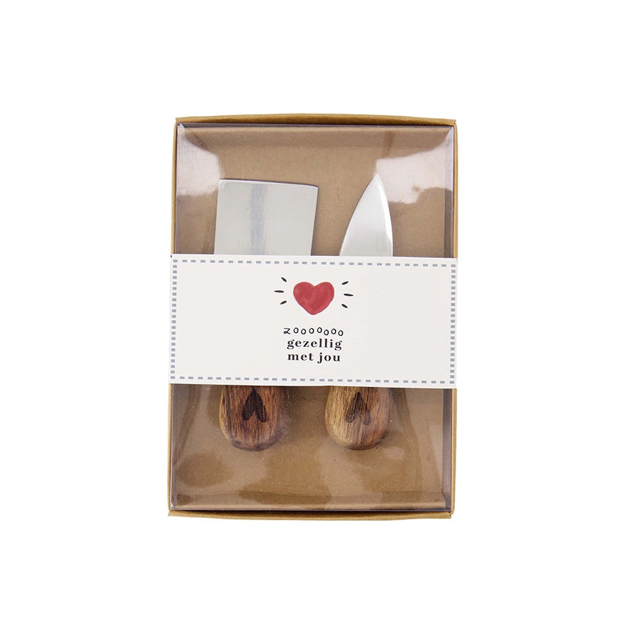 Kaasmesjes in giftbox 'Gezellig met jou' (set van 2)-wit/grijsblauw/rood