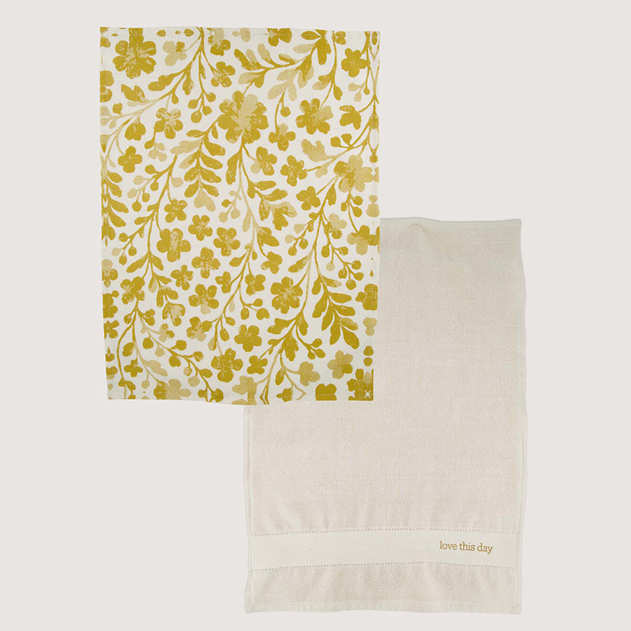 Keukenset Handdoeken 'Love this day' Bloemen-white/gold