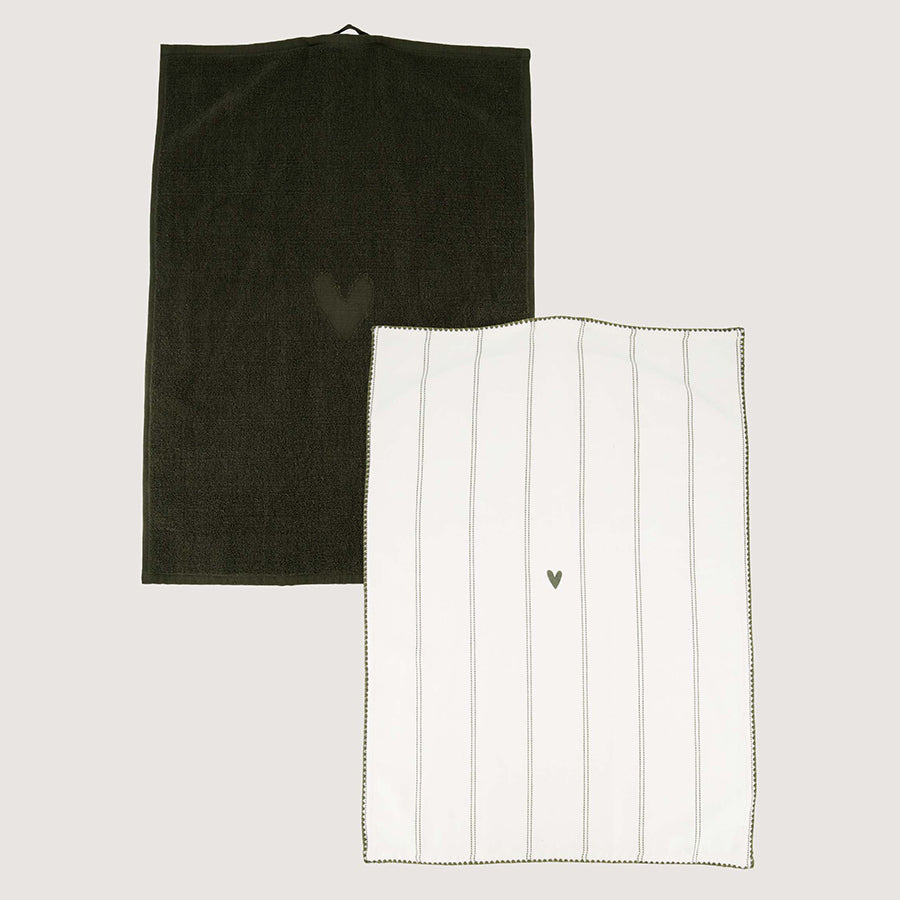 Keukenset Handdoeken Strepen Hartjes-zand/antracietgrijs