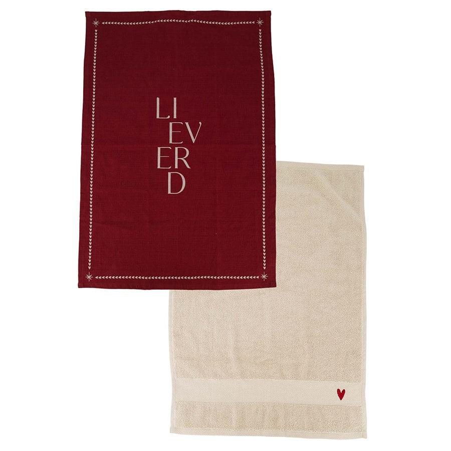 Keukenset Handdoeken 'Lieverd'-wit/donkerrood