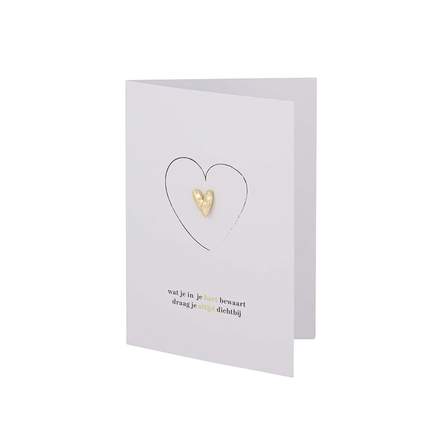 Broche Hartje 'In je hart' op wenskaart-wit/zwart/goud