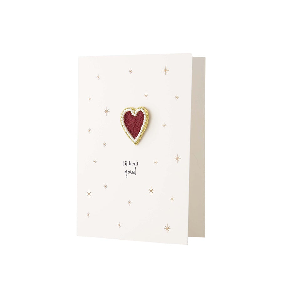 Broche Hartje 'Jij bent goud' op wenskaart-wit/goud/rood