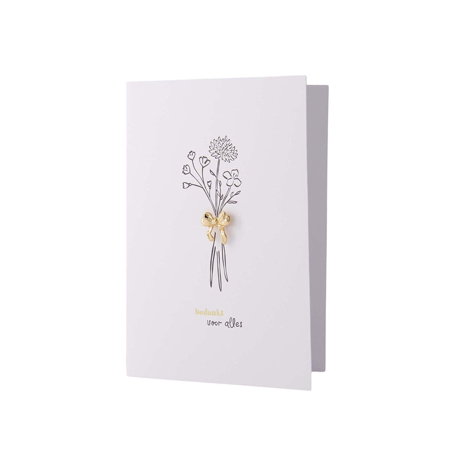 Broche Strikje 'Bedankt' op wenskaart-wit/zwart/goud