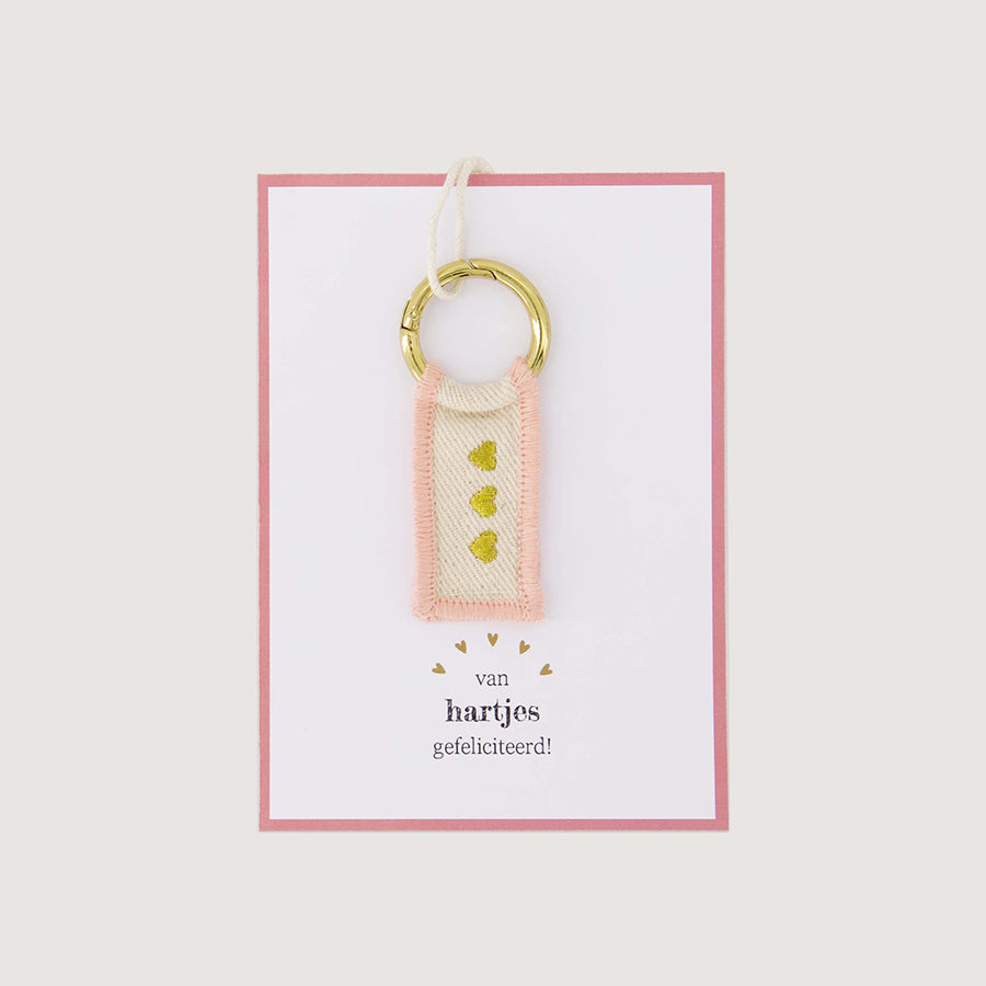 Sleutelhanger op kaart 'Gefeliciteerd'-white/pink